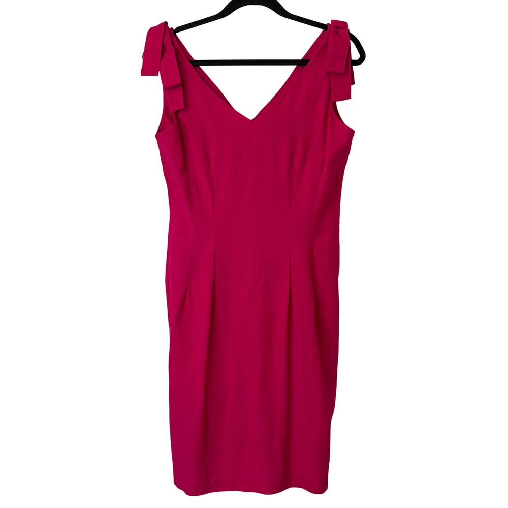 VTG‎ Clues Collections Linen Sheath Dress Fuchsia Sz 10 (modern 6) Bow Shoulder